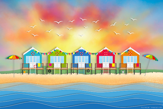 Beach Huts and Fishing Boat Art Print